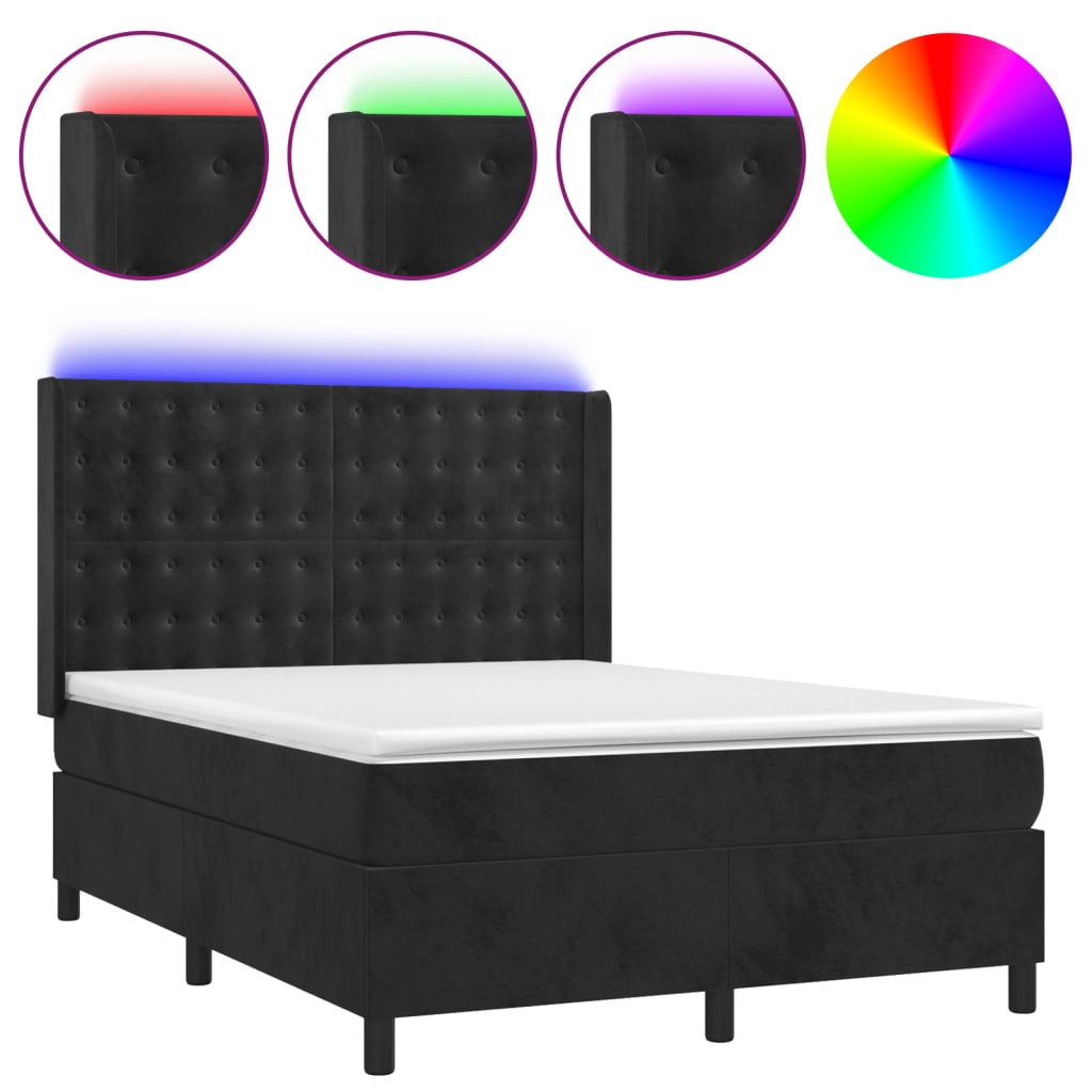Letto a Molle con Materasso e LED Nero 140x200 cm in Velluto | homemem39