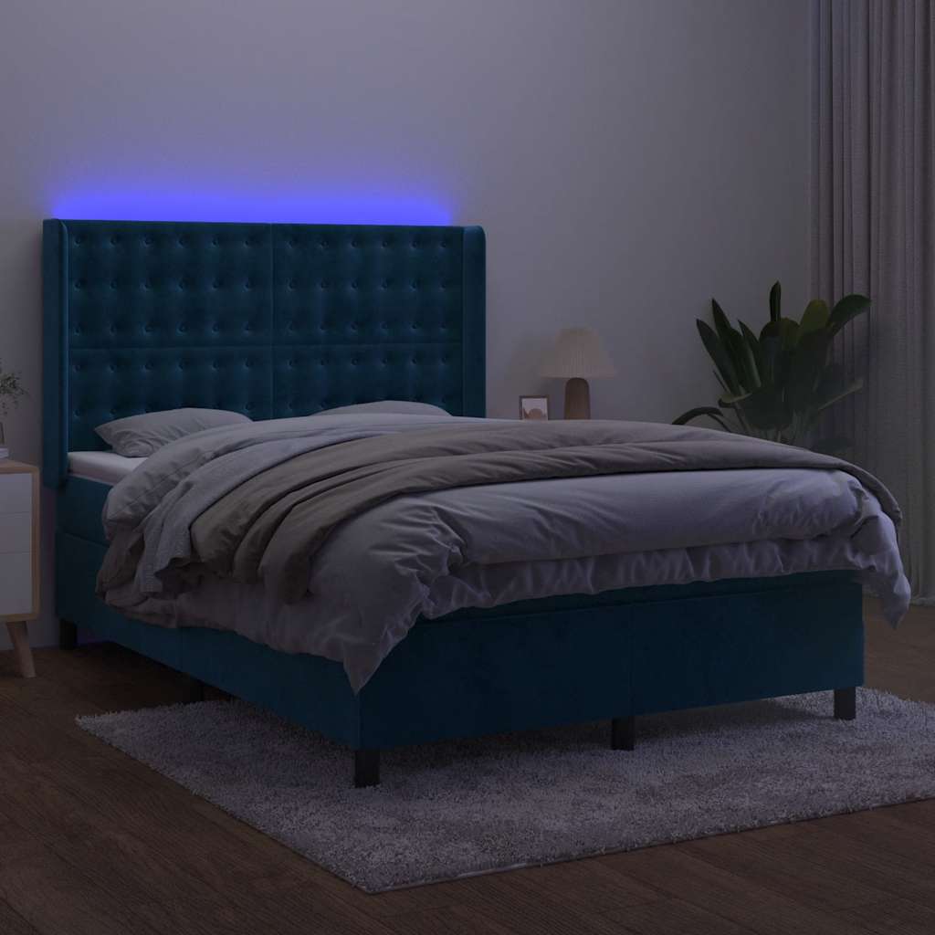 Letto a Molle con Materasso e LED Blu Scuro 140x200 cm | homemem39