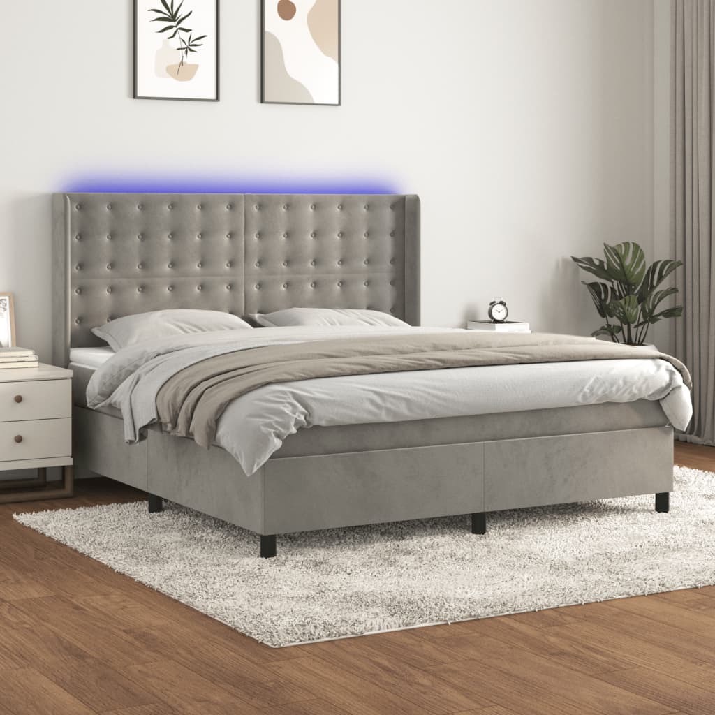 Letto a Molle Materasso e LED Grigio Chiaro 160x200 cm Velluto | homemem39