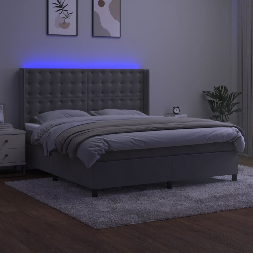 Letto a Molle Materasso e LED Grigio Chiaro 180x200 cm Velluto | homemem39