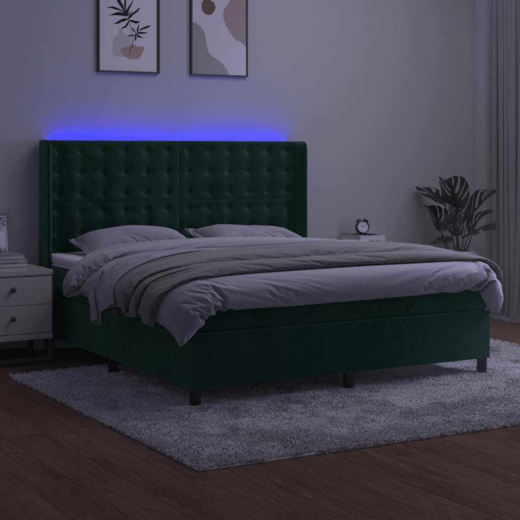 Letto a Molle con Materasso e LED Verde Scuro 180x200cm Velluto | homemem39