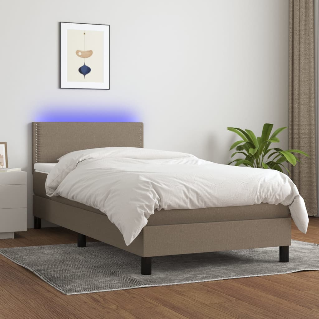 Letto a Molle con Materasso e LED Tortora 90x200 cm in Tessuto - homemem39