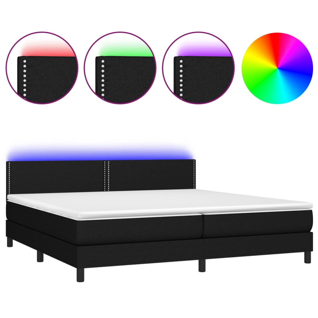 Letto a Molle Materasso e LED Nero 200x200cm in Tessuto - homemem39