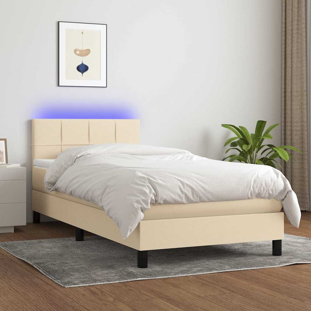 Letto a Molle con Materasso e LED Crema 90x190 cm in Tessuto