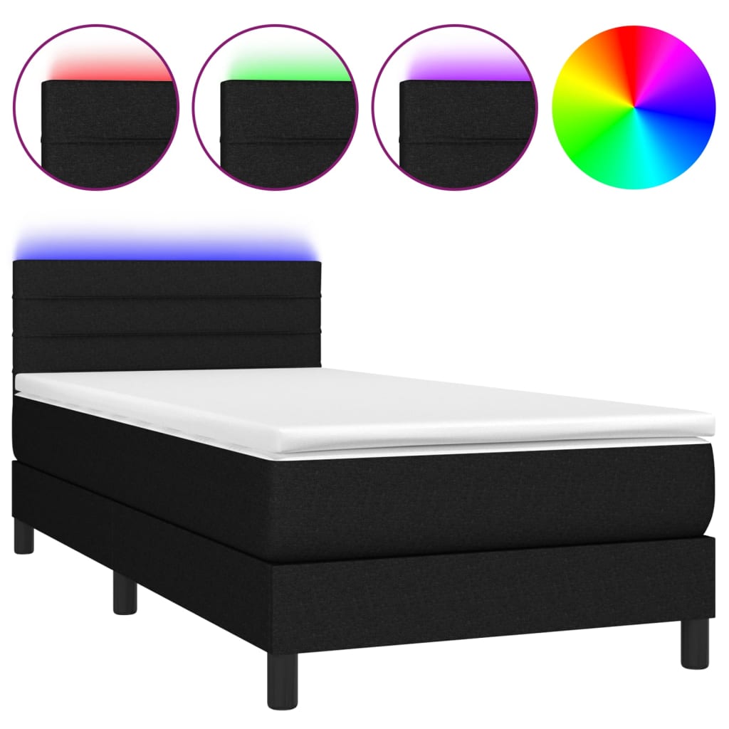 Letto a Molle con Materasso e LED Nero 90x200 cm in Tessuto - homemem39