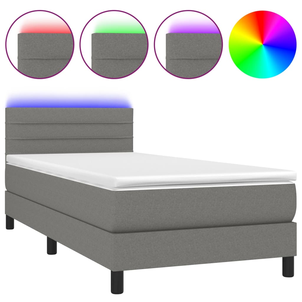 Letto a Molle Materasso e LED Grigio Scuro 100x200cm in Tessuto - homemem39