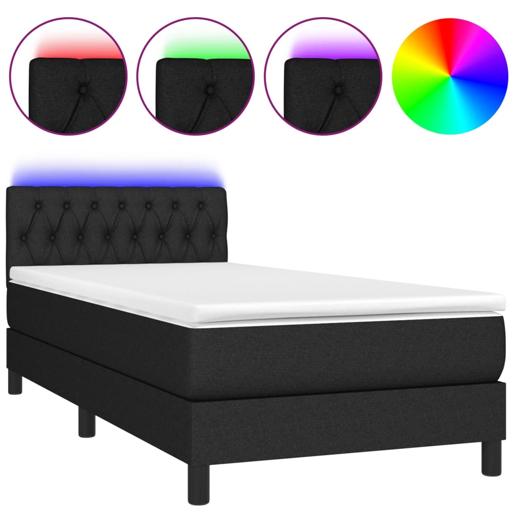 Letto a Molle con Materasso e LED Nero 90x200 cm in Tessuto - homemem39