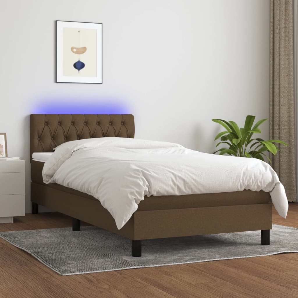 Letto a Molle Materasso e LED Marrone Scuro 90x200cm in Tessuto - homemem39