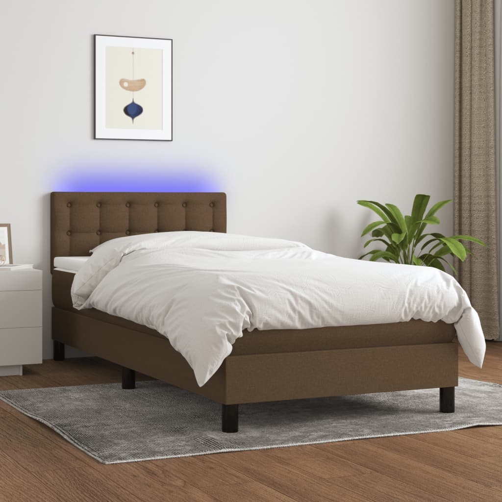 Letto a Molle Materasso e LED Marrone Scuro 90x200cm in Tessuto - homemem39