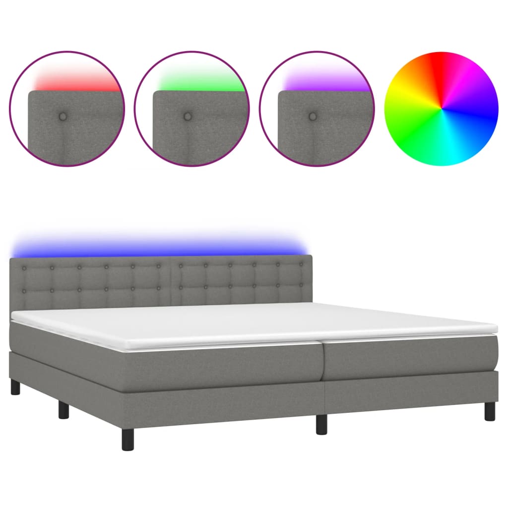 Letto a Molle Materasso e LED Grigio Scuro 200x200cm in Tessuto - homemem39