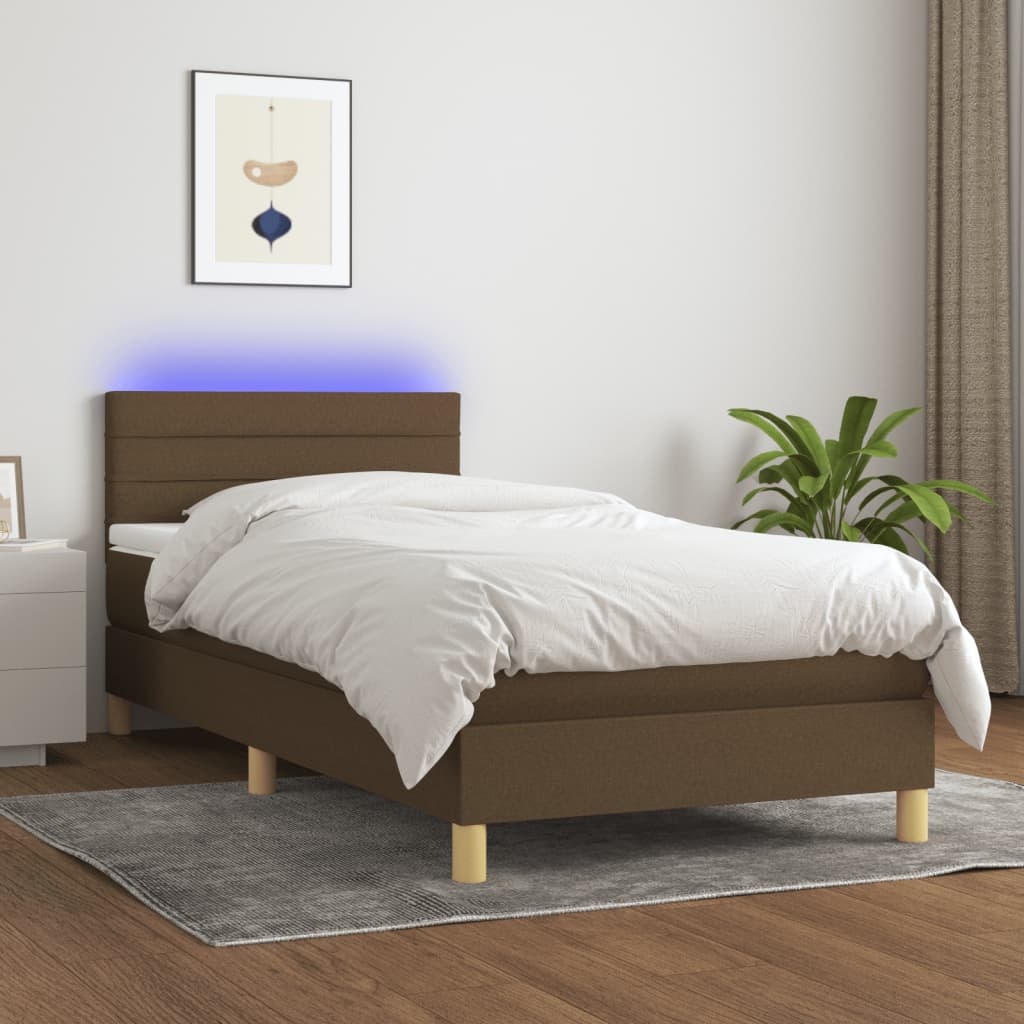 Letto a Molle Materasso e LED Marrone Scuro 90x190cm in Tessuto - homemem39