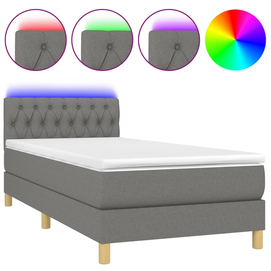 Letto a Molle Materasso e LED Grigio Scuro 90x190 cm in Tessuto - homemem39