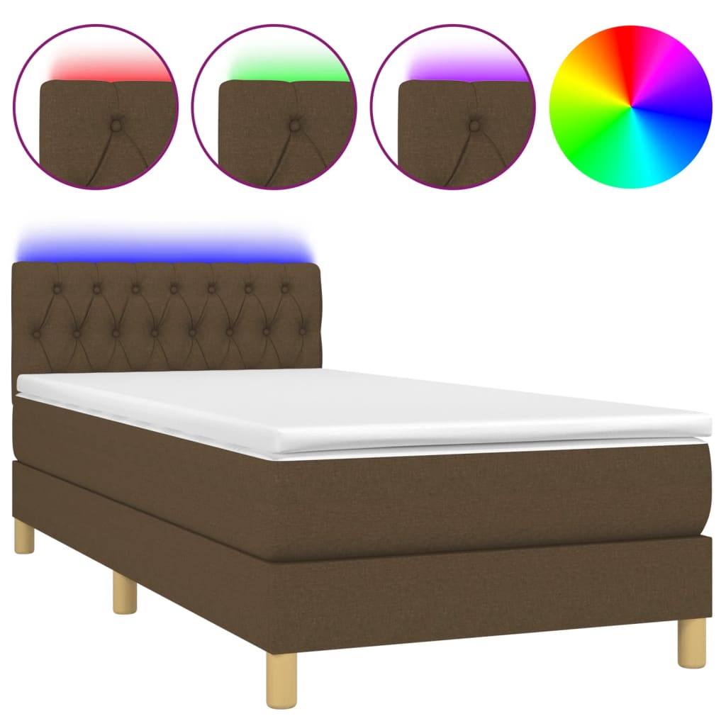 Letto a Molle Materasso e LED Marrone Scuro 90x190cm in Tessuto | homemem39