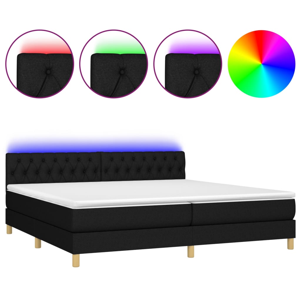 Letto a Molle Materasso e LED Nero 200x200cm in Tessuto - homemem39