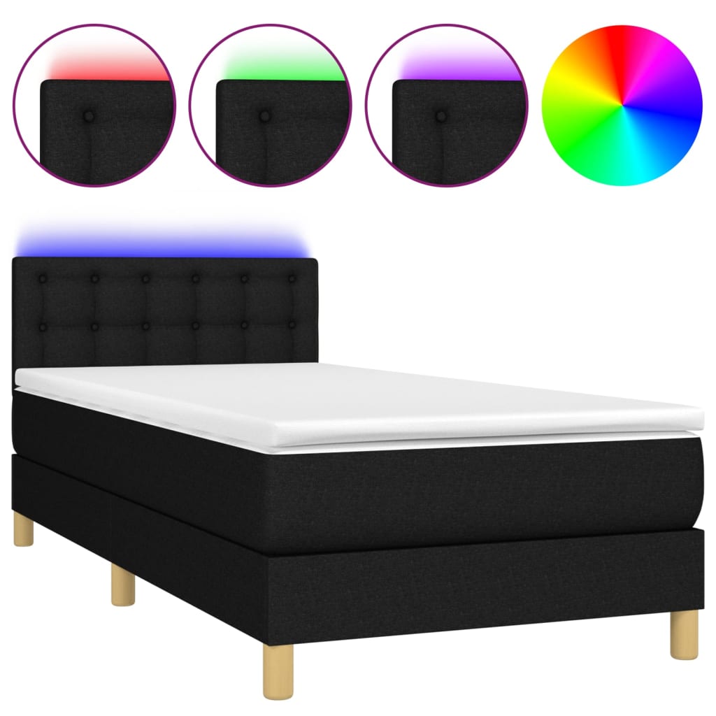 Letto a Molle con Materasso e LED Nero 90x200 cm in Tessuto - homemem39