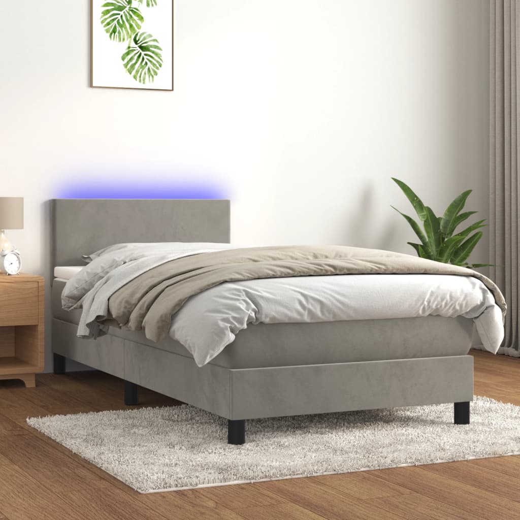 Letto a Molle Materasso e LED Grigio Chiaro 90x190 cm Velluto - homemem39