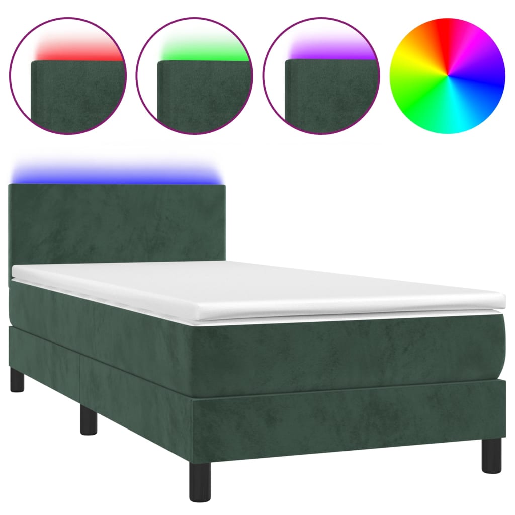 Letto a Molle con Materasso e LED Verde Scuro 90x190 cm Velluto - homemem39