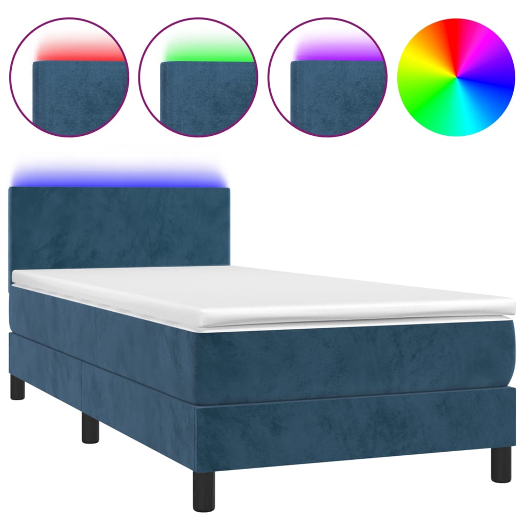 Letto a Molle con Materasso e LED Blu Scuro 90x190cm in Velluto - homemem39