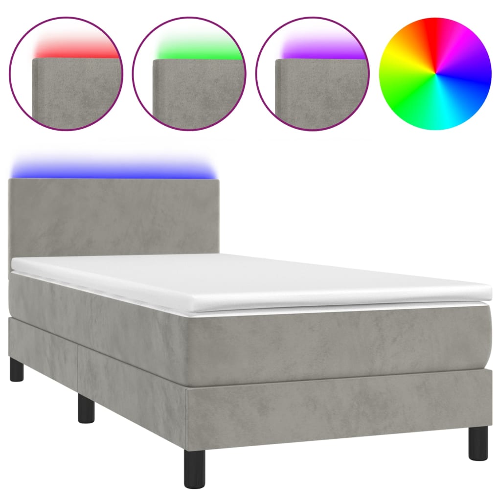 Letto a Molle Materasso e LED Grigio Chiaro 90x200 cm Velluto - homemem39