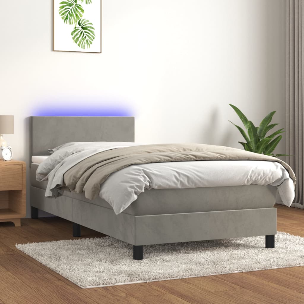 Letto a Molle Materasso e LED Grigio Chiaro 90x200 cm Velluto - homemem39