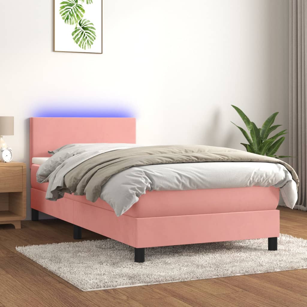 Letto a Molle con Materasso e LED Rosa 90x200 cm in Velluto - homemem39