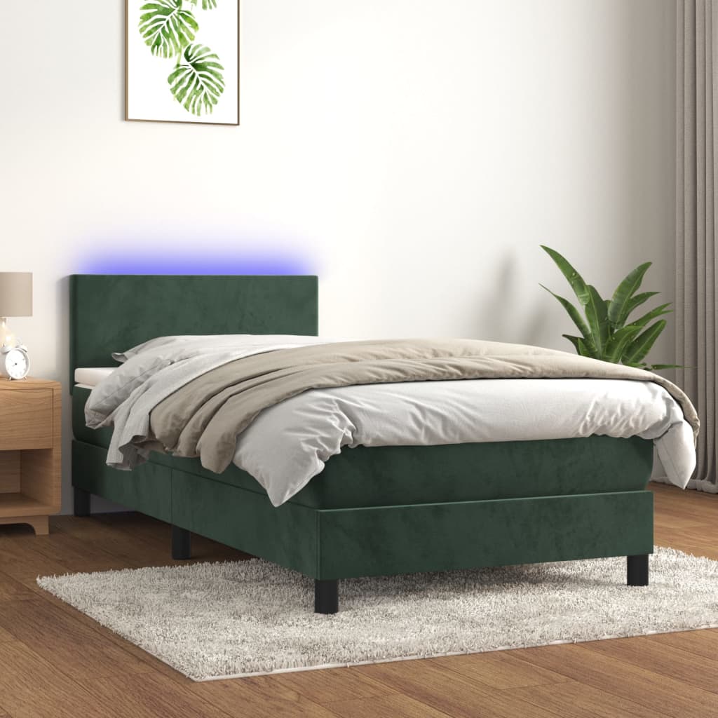 Letto a Molle con Materasso e LED Verde Scuro 100x200cm Velluto - homemem39