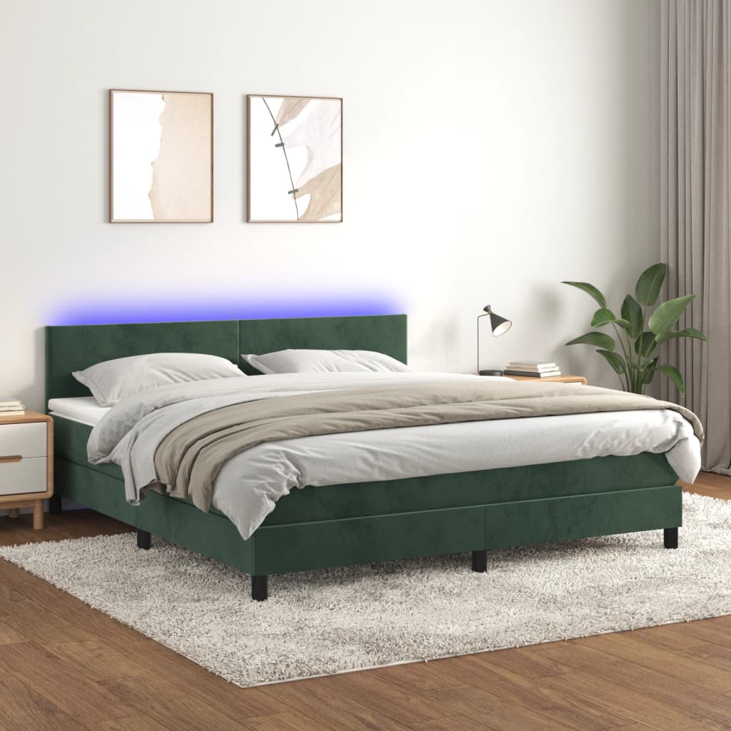 Letto a Molle con Materasso e LED Verde Scuro 160x200cm Velluto - homemem39