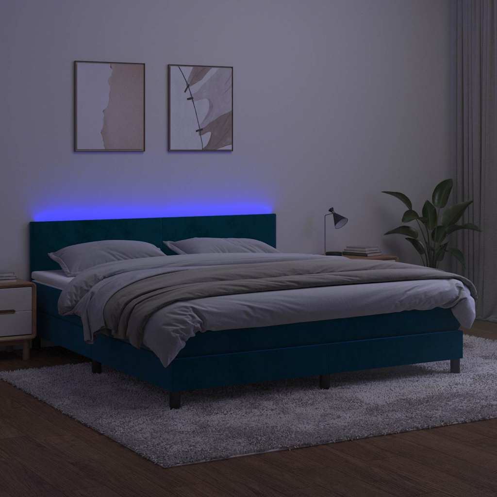 Letto a Molle con Materasso e LED Blu Scuro 160x200 cm
