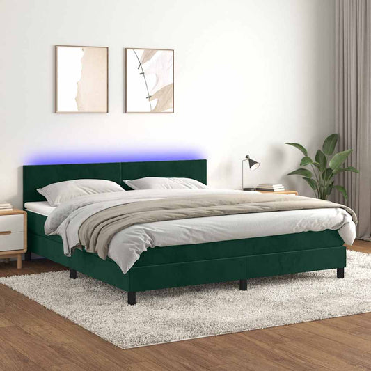 Letto a Molle con Materasso e LED Verde Scuro 180x200cm Velluto