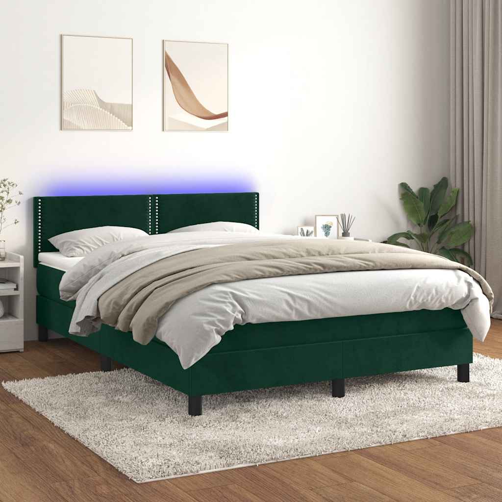 Letto a Molle con Materasso e LED Verde Scuro 140x200cm Velluto