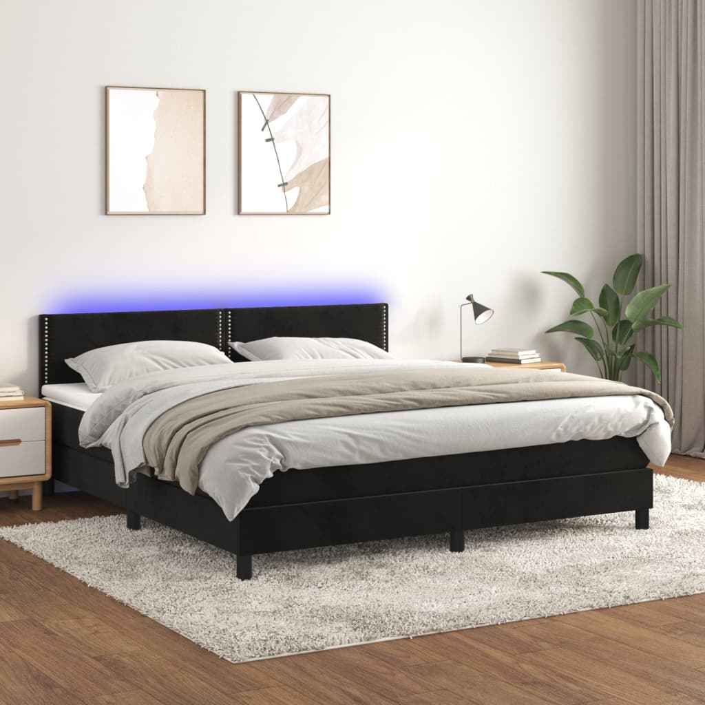 Letto a Molle con Materasso e LED Nero 180x200 cm in Velluto - homemem39