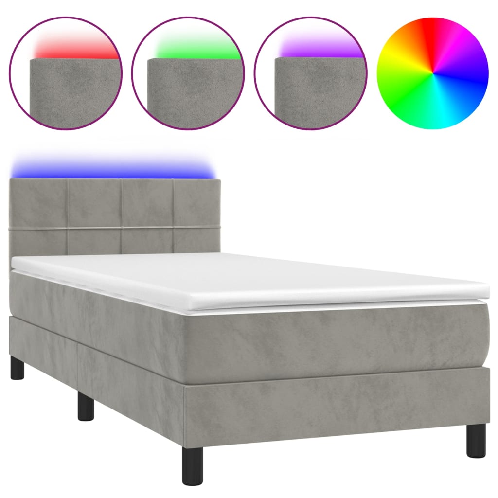 Letto a Molle con Materasso e LED Grigio Chiaro 90x190 cm Velluto | homemem39
