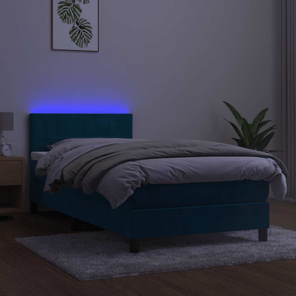 Letto a Molle con Materasso e LED Blu Scuro 90x200cm in Velluto | homemem39