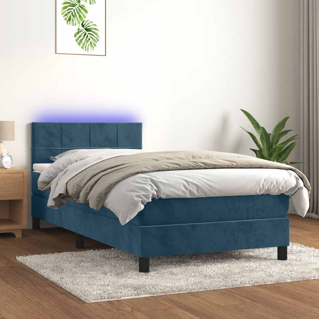 Letto a Molle con Materasso e LED Blu Scuro 90x200cm in Velluto | homemem39