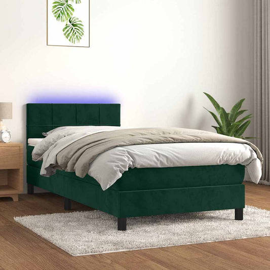 Letto a Molle con Materasso e LED Verde Scuro 100x200cm Velluto