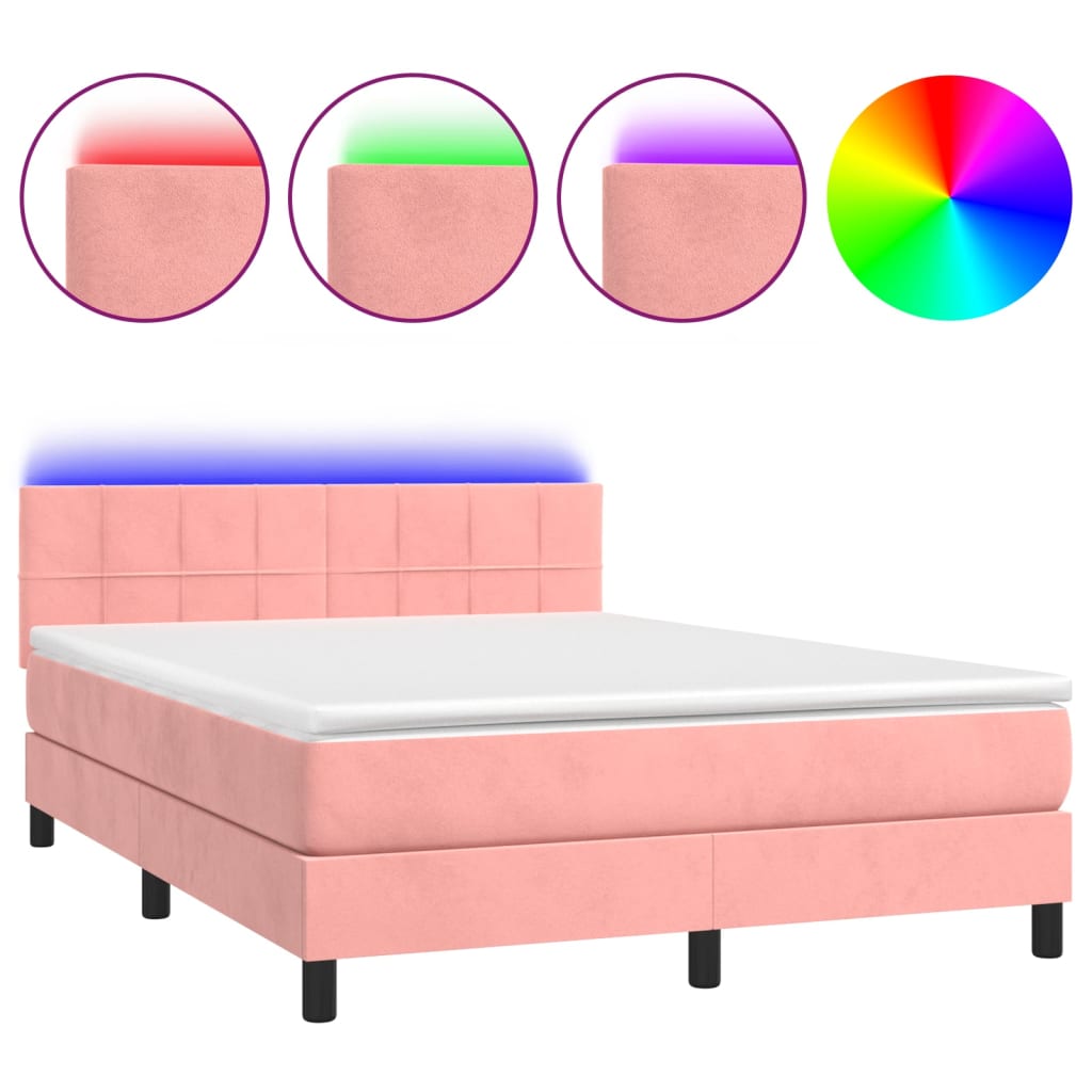 Letto a Molle con Materasso e LED Rosa 140x190 cm in Velluto - homemem39