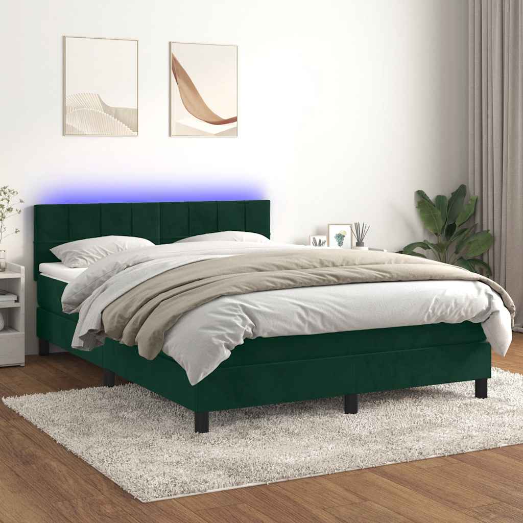 Letto a Molle con Materasso e LED Verde Scuro 140x200cm Velluto