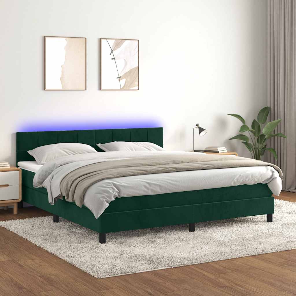 Letto a Molle con Materasso e LED Verde Scuro 160x200cm Velluto