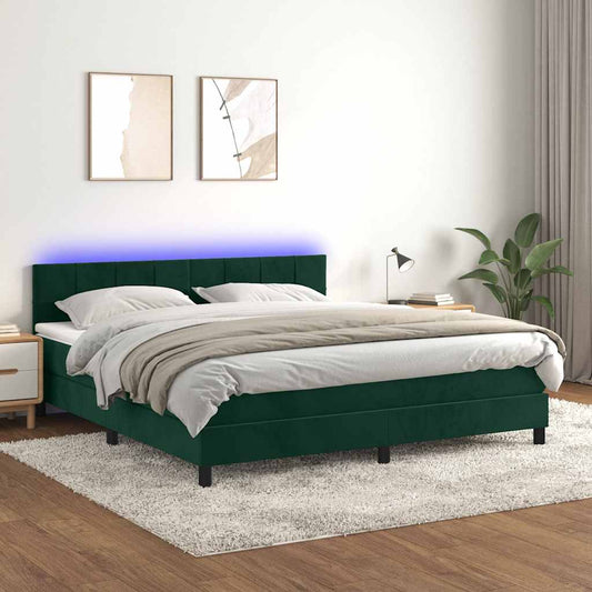Letto a Molle con Materasso e LED Verde Scuro 160x200cm Velluto