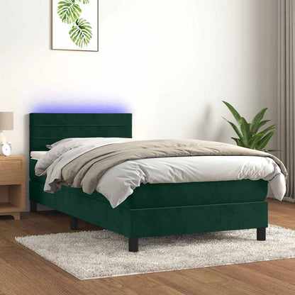 Letto a Molle con Materasso e LED Verde Scuro 90x190 cm Velluto | homemem39