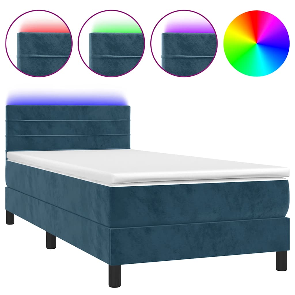 Letto a Molle con Materasso e LED Blu Scuro 90x190cm in Velluto | homemem39