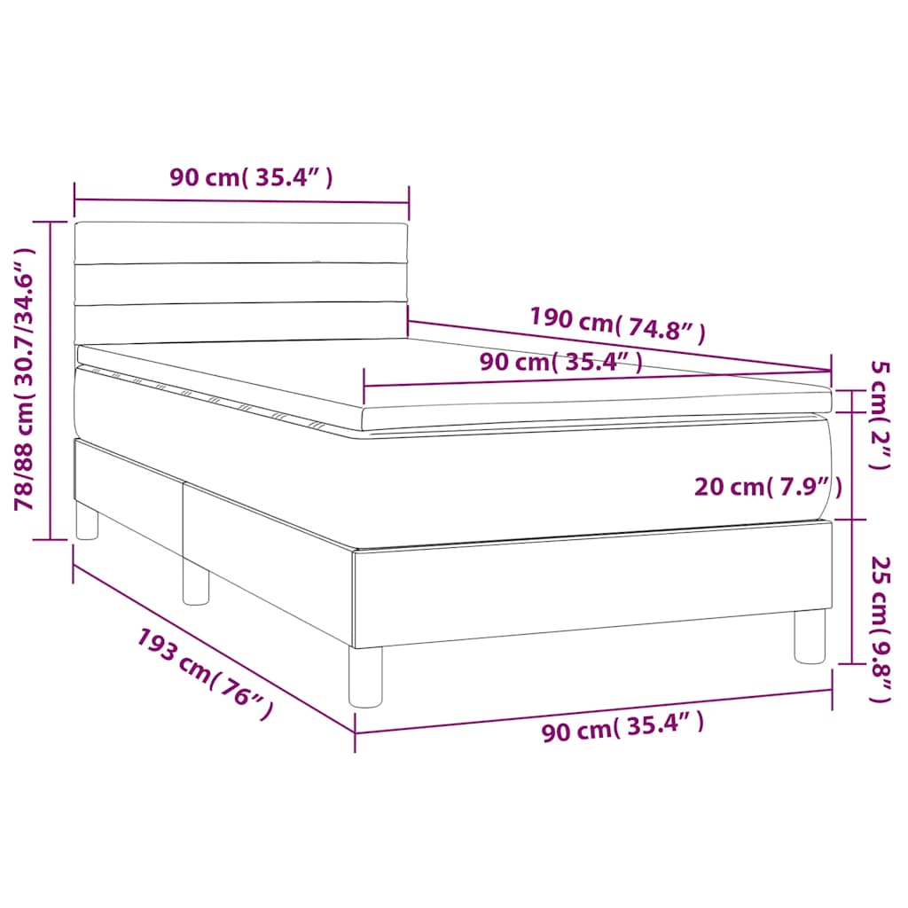 Letto a Molle con Materasso e LED Blu Scuro 90x190cm in Velluto | homemem39