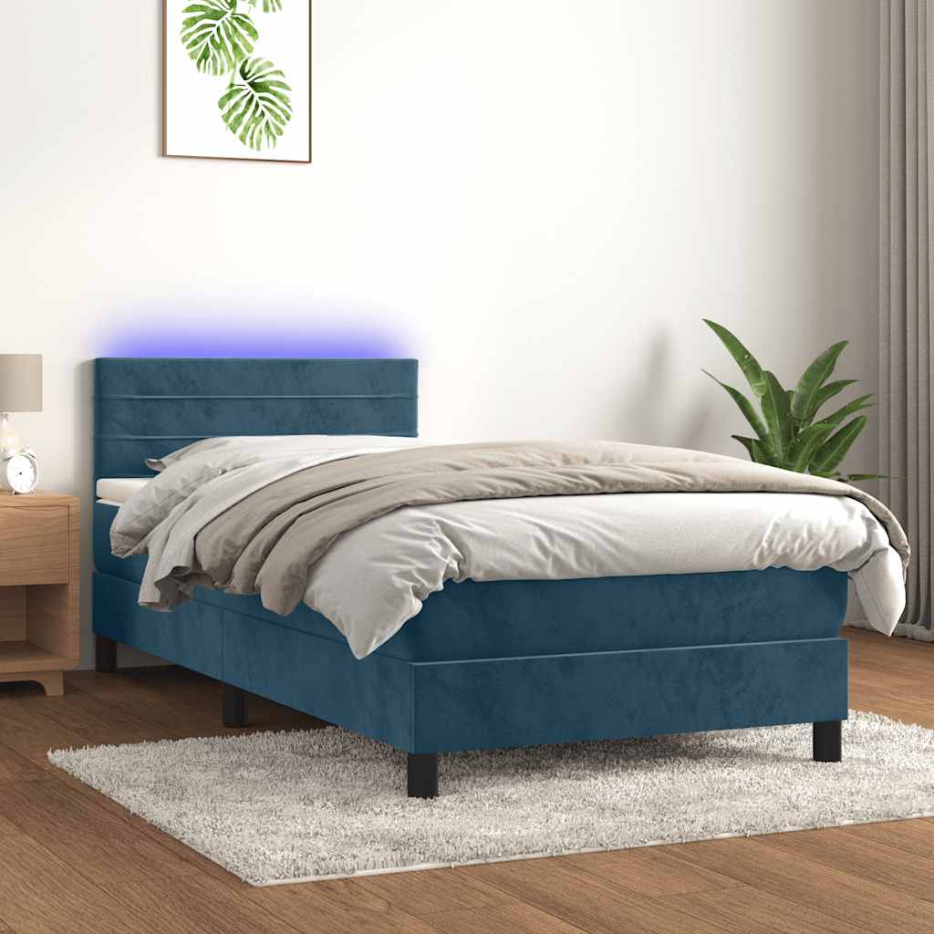 Letto a Molle con Materasso e LED Blu Scuro 90x190cm in Velluto | homemem39