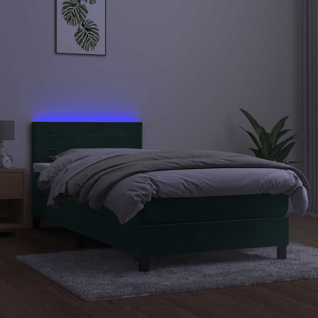 Letto a Molle con Materasso e LED Verde Scuro 90x200cm Velluto | homemem39