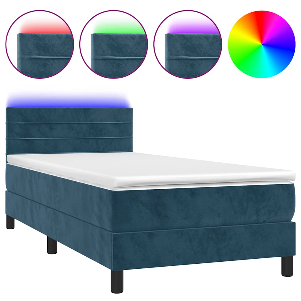 Letto a Molle con Materasso e LED Blu Scuro 90x200cm in Velluto | homemem39
