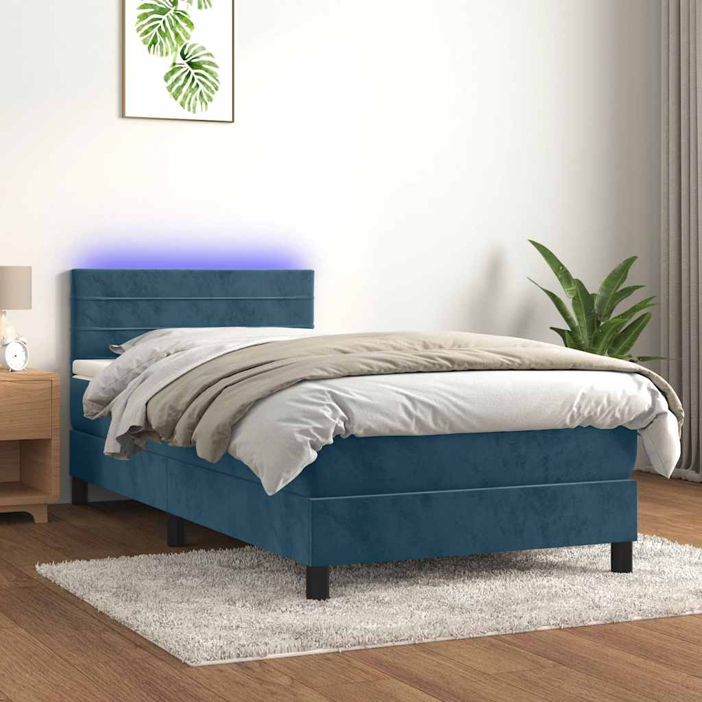 Letto a Molle con Materasso e LED Blu Scuro 90x200cm in Velluto | homemem39