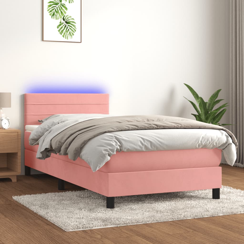 Letto a Molle con Materasso e LED Rosa 90x200 cm in Velluto - homemem39
