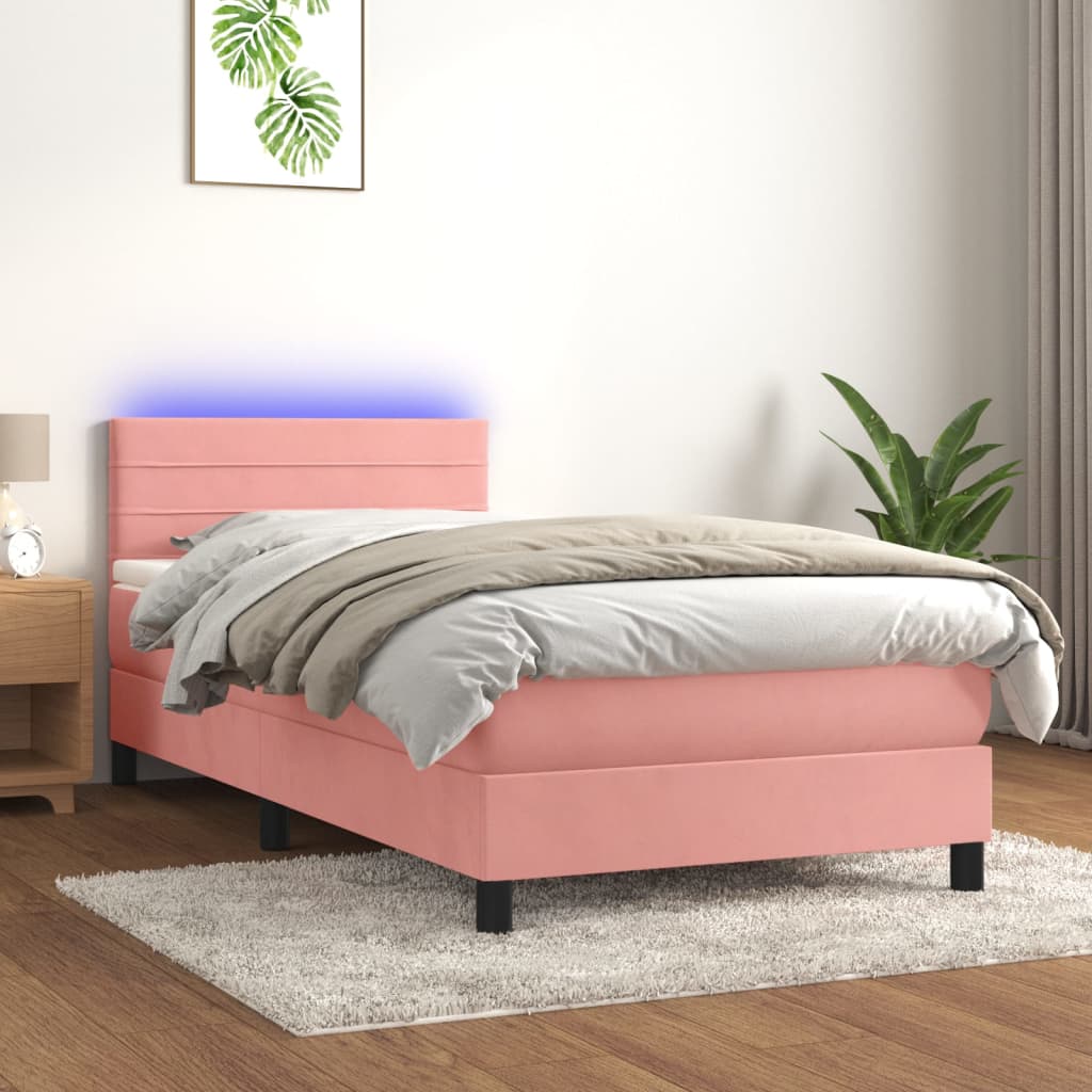 Letto a Molle con Materasso e LED Rosa 100x200 cm in Velluto - homemem39
