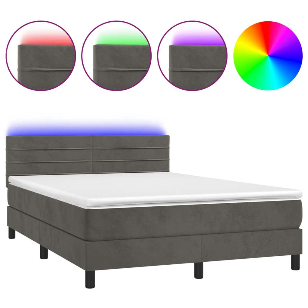 Letto a Molle con Materasso e LED Grigio Scuro 140x190 cm | homemem39