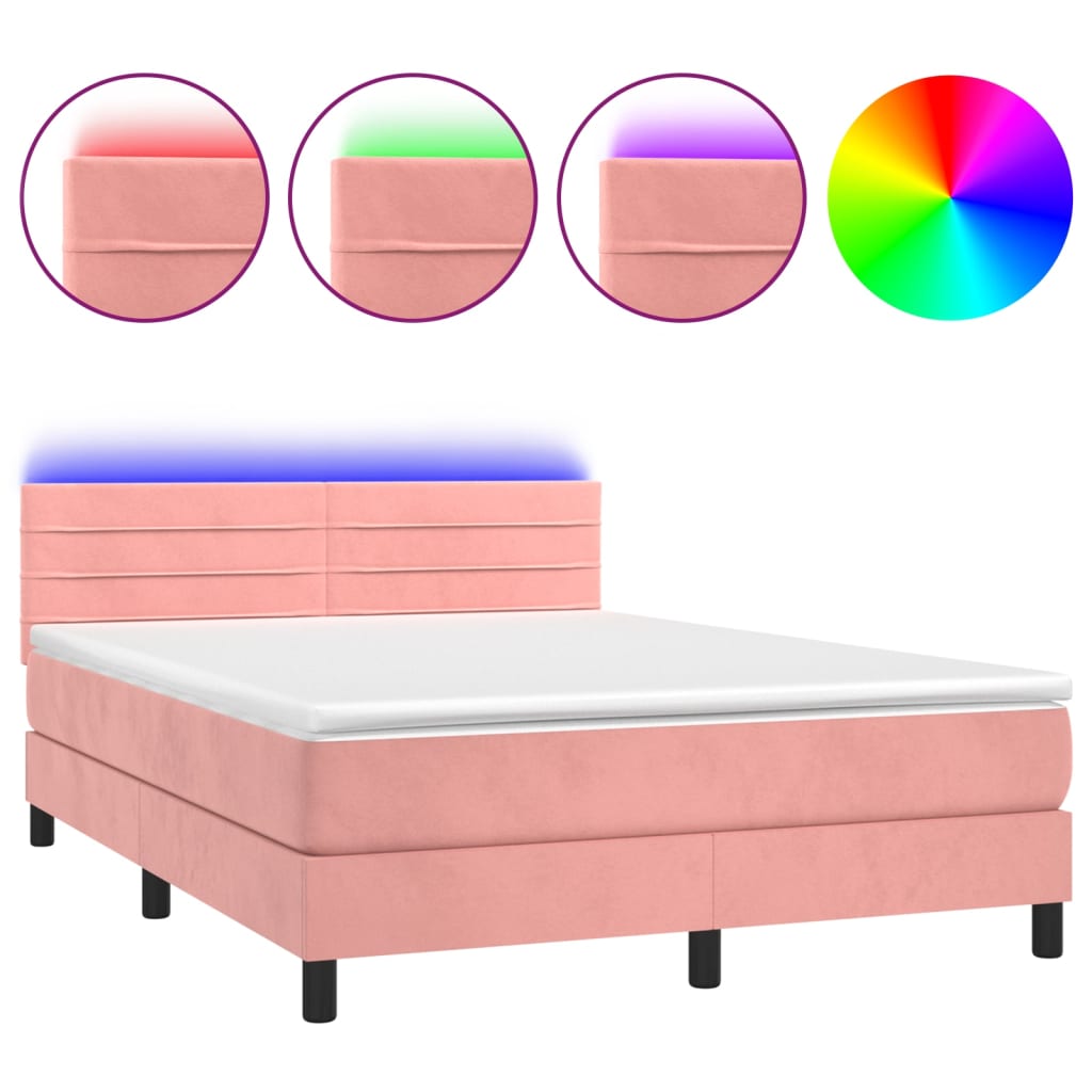 Letto a Molle con Materasso e LED Rosa 140x190 cm in Velluto - homemem39